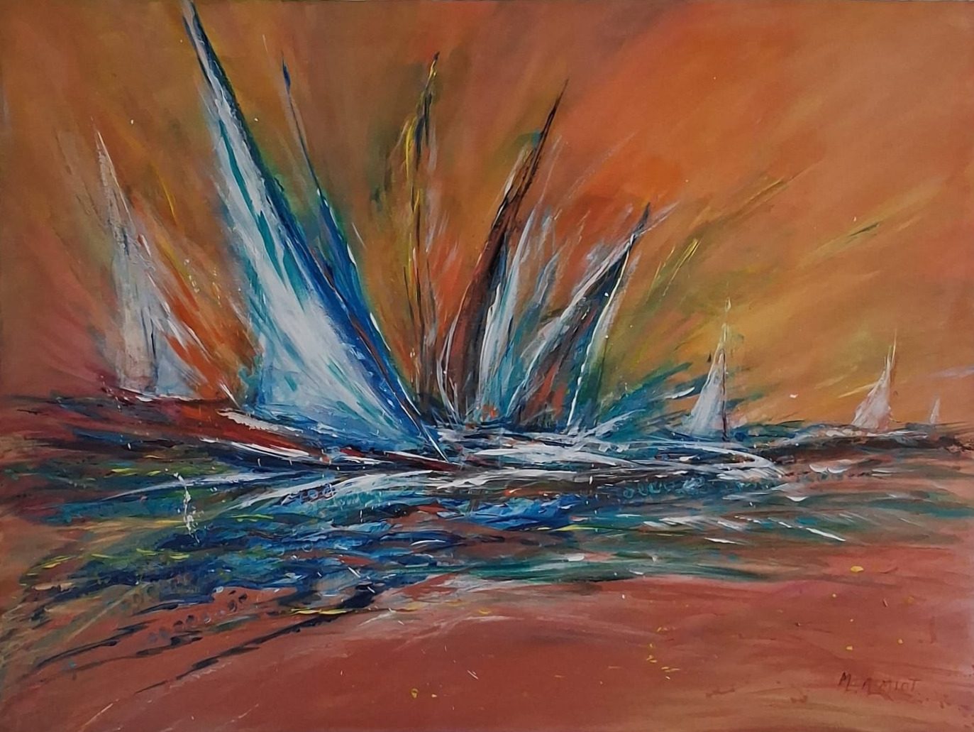 Voiles blanches et bleues jaillissant en éventail sur une mer stylisée, sous un ciel orange vif.