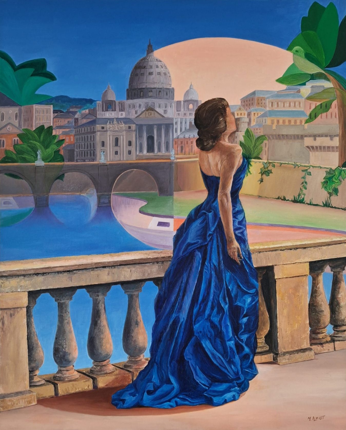 Une femme en longue robe bleue, de dos, contemple Rome et la coupole de Saint-Pierre depuis une balustrade.