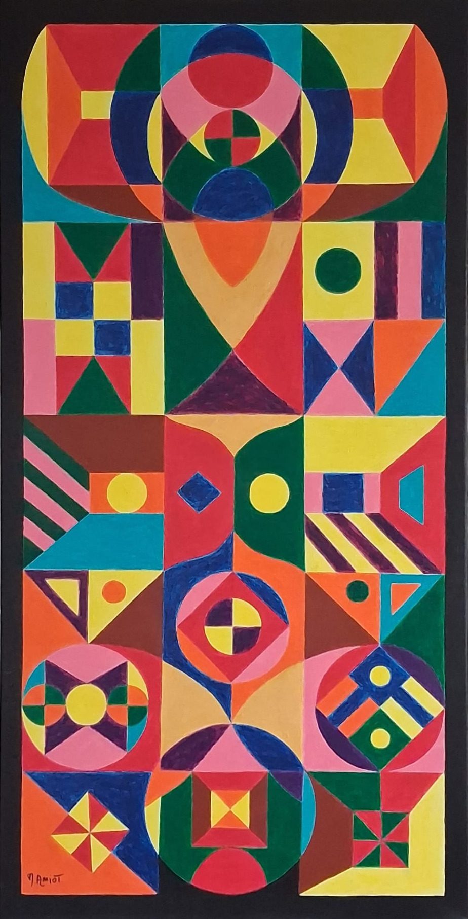 Composition verticale de formes géométriques aux couleurs vives, cercles, triangles et damiers, cernée de noir.