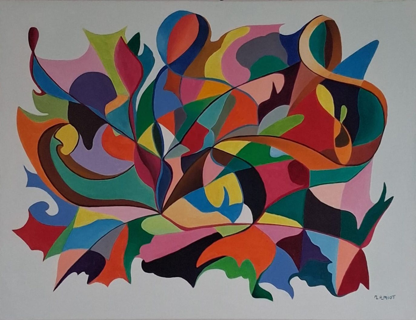 Formes organiques multicolores qui se déploient en bouquet depuis un point central, sur fond clair.