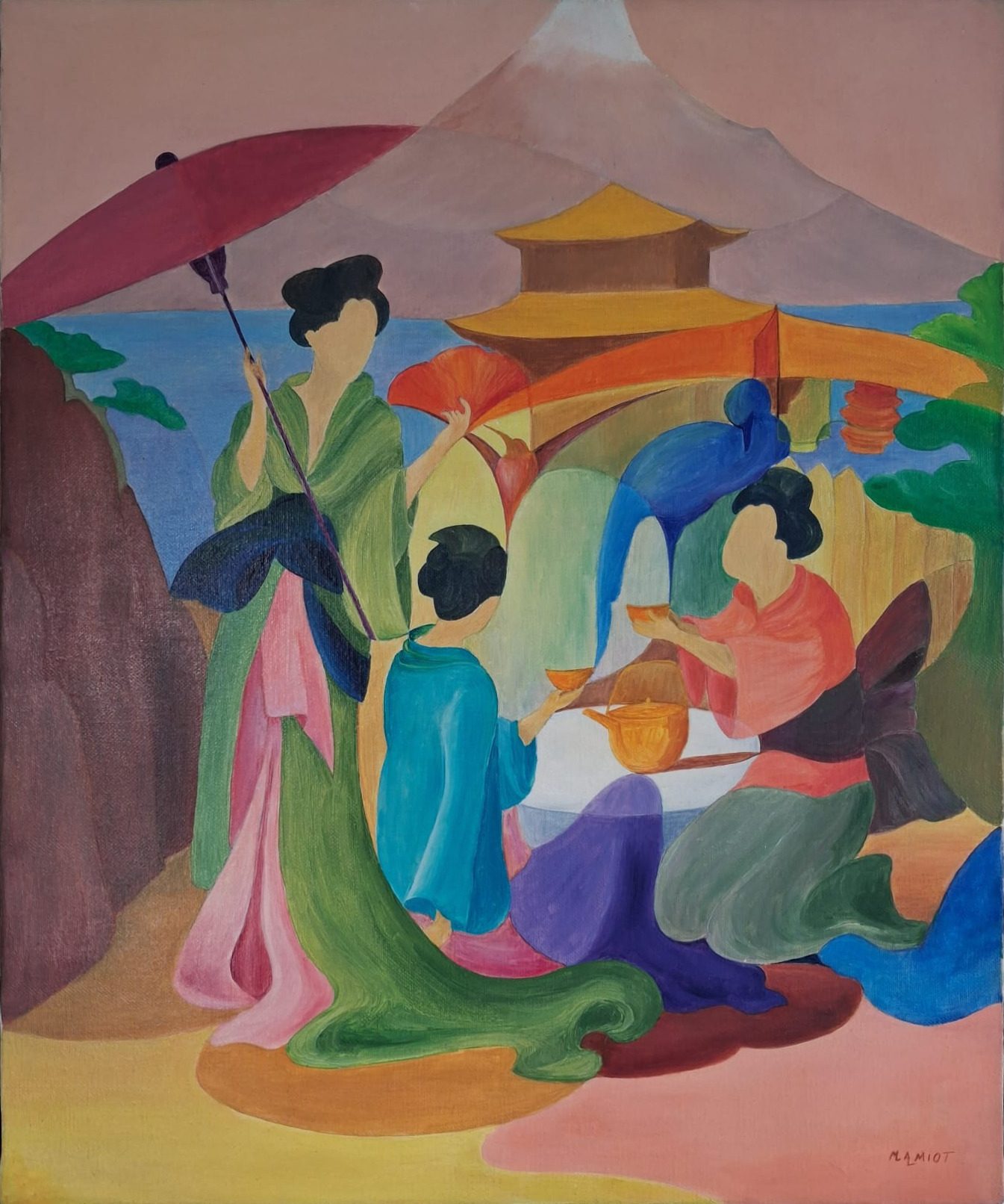 Personnages en kimonos colorés réunis autour du thé sous des ombrelles, un mont enneigé à l'arrière-plan.